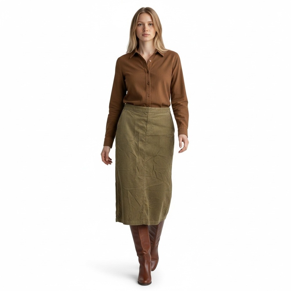 Eddie Bauer Tan Khaki Corduroy Midi Preppy Women Skirt Straight Back Slit 10